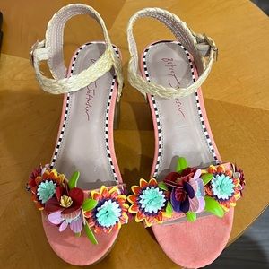 Betsey Johnson multi-colored flower decorated sandals, size 8, worn once
